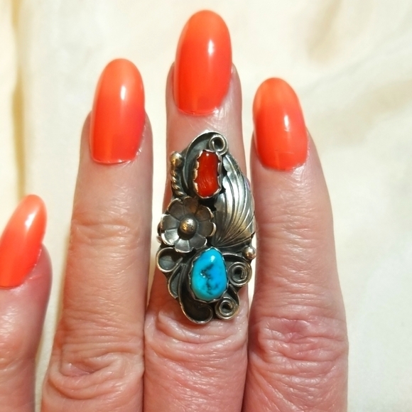 Navajo SIGNED JR RALPH JOHNSON Coral Turquoise Sterling Ring - Picture 8 of 8